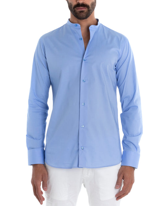 Camicia Uomo Sartoriale Collo Coreano Maniche Lunghe Basic Cotone Morbido Regular Fit Celeste C2372