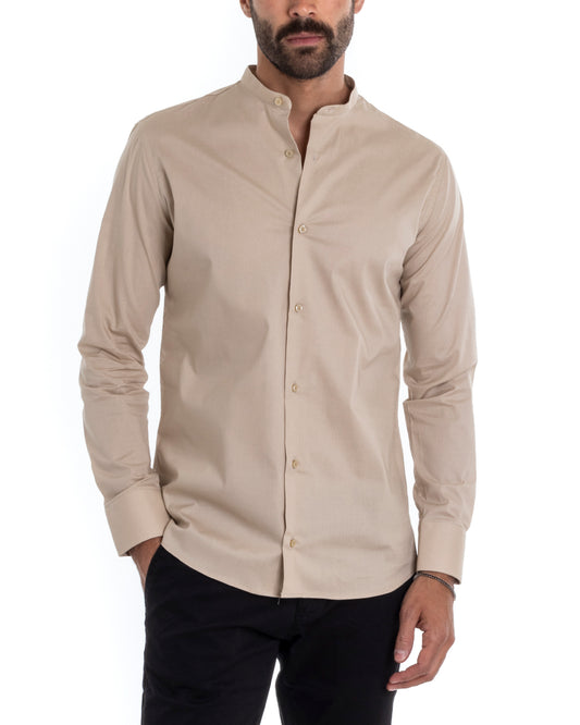 Camicia Uomo Sartoriale Collo Coreano Maniche Lunghe Basic Cotone Morbido Beige Regular Fit C2373