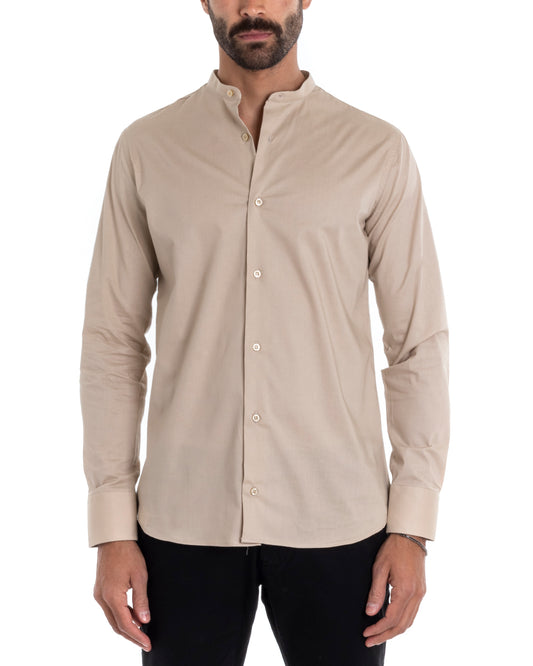 Camicia Uomo Sartoriale Collo Coreano Maniche Lunghe Basic Cotone Morbido Beige Regular Fit C2373