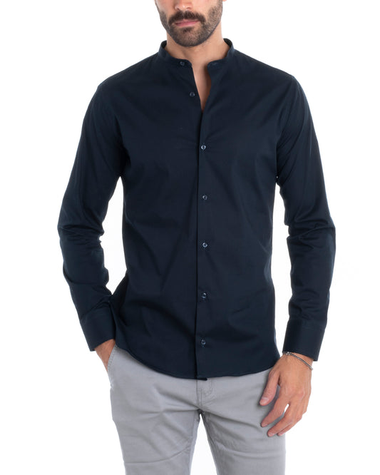 Camicia Uomo Sartoriale Collo Coreano Maniche Lunghe Basic Cotone Morbido Regular Fit Blu C2374