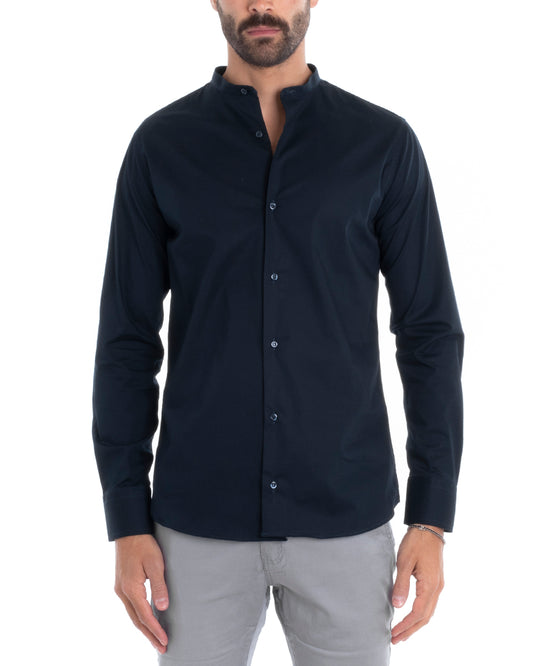 Camicia Uomo Sartoriale Collo Coreano Maniche Lunghe Basic Cotone Morbido Regular Fit Blu C2374