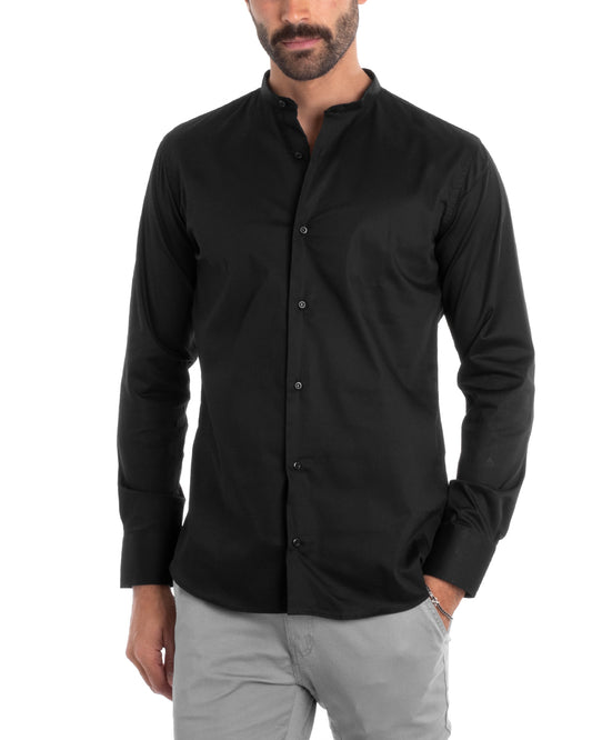 Camicia Uomo Sartoriale Collo Coreano Maniche Lunghe Basic Cotone Morbido Regular Fit Nero C2375