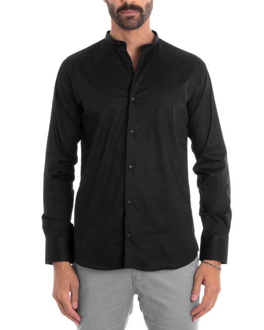 Camicia Uomo Sartoriale Collo Coreano Maniche Lunghe Basic Cotone Morbido Regular Fit Nero C2375