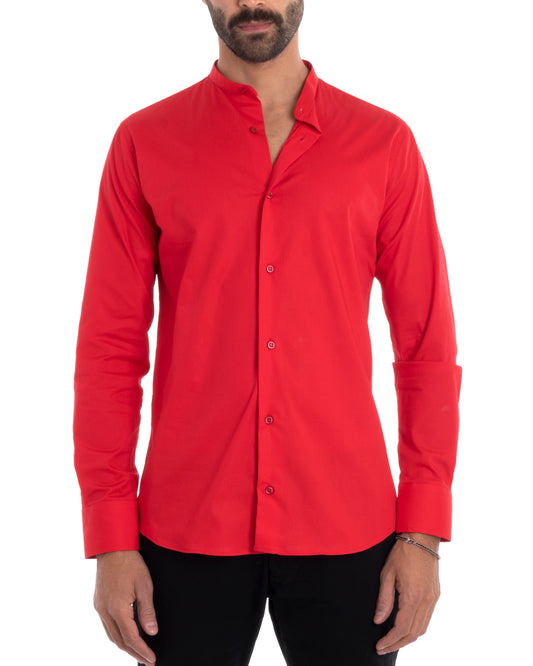 Camicia Uomo Sartoriale Collo Coreano Maniche Lunghe Basic Cotone Morbido Regular Fit Rosso C2376