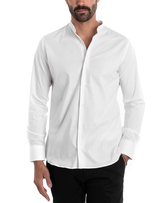 Camicia Uomo Sartoriale Collo Coreano Maniche Lunghe Basic Cotone Morbido Regular Fit Bianco C2377