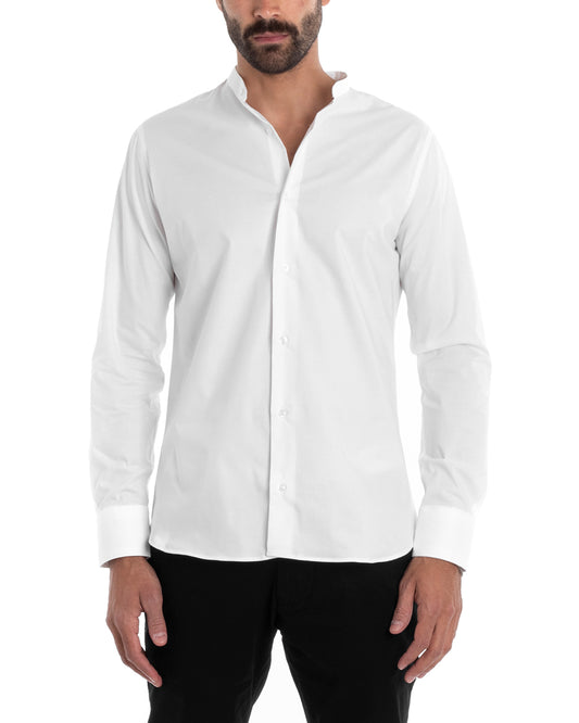 Camicia Uomo Sartoriale Collo Coreano Maniche Lunghe Basic Cotone Morbido Regular Fit Bianco C2377