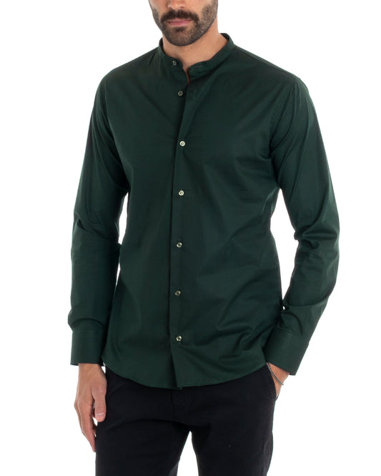 Camicia Uomo Sartoriale Collo Coreano Maniche Lunghe Basic Cotone Morbido Verde Scuro Regular Fit C2378