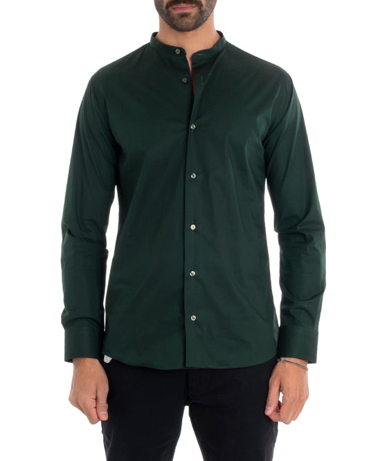 Camicia Uomo Sartoriale Collo Coreano Maniche Lunghe Basic Cotone Morbido Verde Scuro Regular Fit C2378