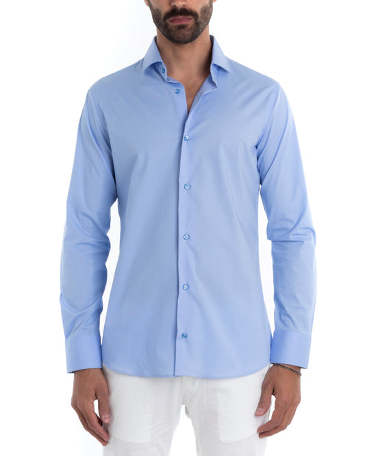 Camicia Uomo Sartoriale Con Colletto Maniche Lunghe Basic Cotone Morbido Regular Fit Celeste C2393