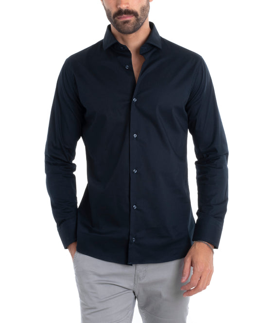 Camicia Uomo Sartoriale Con Colletto Maniche Lunghe Basic Cotone Morbido Regular Fit Blu C2395