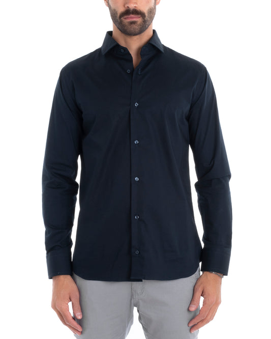 Camicia Uomo Sartoriale Con Colletto Maniche Lunghe Basic Cotone Morbido Regular Fit Blu C2395