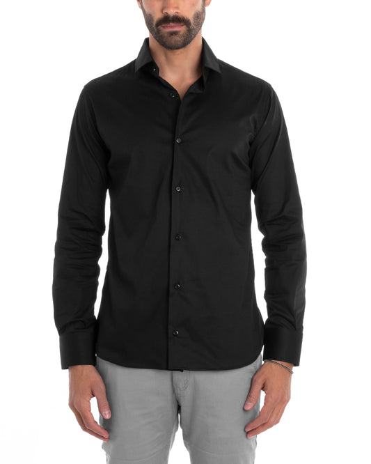 Camicia Uomo Sartoriale Con Colletto Maniche Lunghe Basic Cotone Morbido Regular Fit Nero C2396