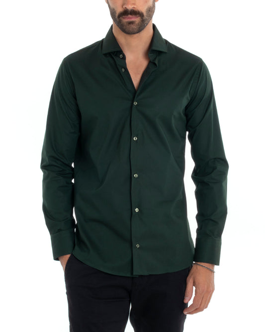 Camicia Uomo Sartoriale Con Colletto Maniche Lunghe Basic Cotone Morbido Regular Fit Verde Scuro C2399