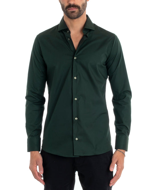 Camicia Uomo Sartoriale Con Colletto Maniche Lunghe Basic Cotone Morbido Regular Fit Verde Scuro C2399