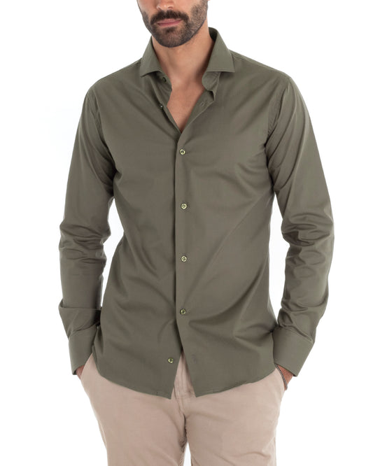 Camicia Uomo Slim Colletto Verde Militare C2401