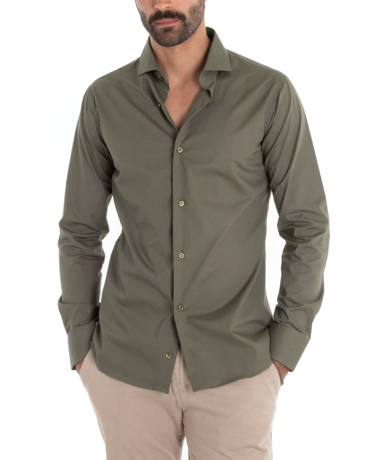 Camicia Uomo Sartoriale Con Colletto Maniche Lunghe Basic Cotone Morbido Regular Fit Verde Militare C2401