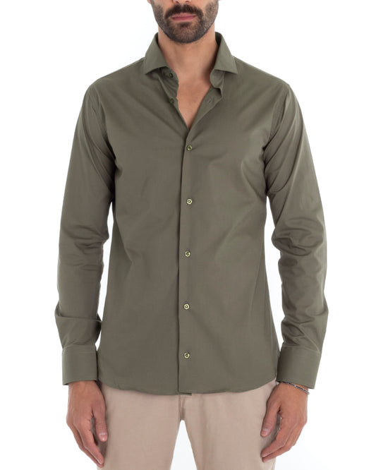 Camicia Uomo Sartoriale Con Colletto Maniche Lunghe Basic Cotone Morbido Regular Fit Verde Militare C2401