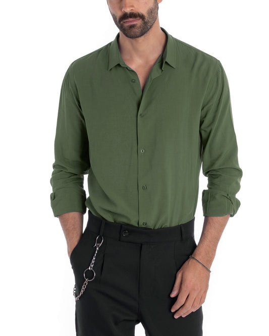 Camicia Uomo Viscosa Comfy Tinta Unita Verde Militare C2650
