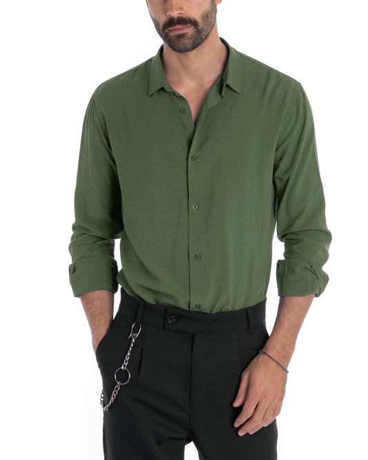 Camicia Uomo Sartoriale Con Colletto Maniche Lunghe Basic Viscosa Morbida Verde Militare C2650