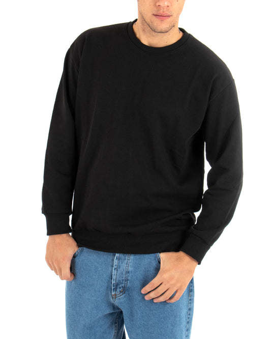 Felpa Girocollo Uomo Basic Tinta Unita Comoda Relaxed Fit Garzata Leggera Nero F2852