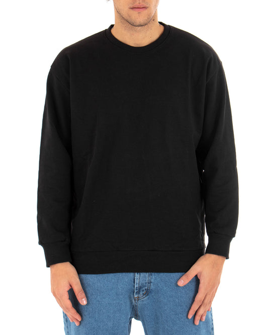 Felpa Girocollo Uomo Basic Tinta Unita Comoda Relaxed Fit Garzata Leggera Nero F2852