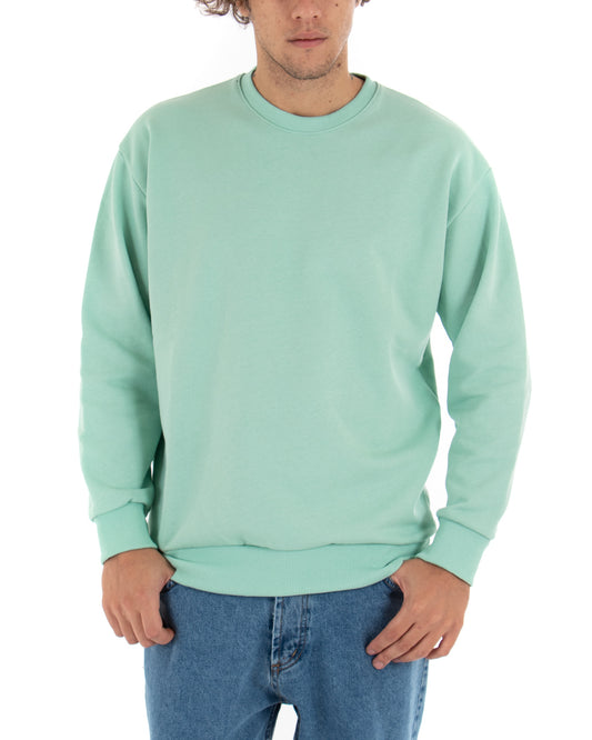 Felpa Girocollo Uomo Basic Tinta Unita Comoda Relaxed Fit Garzata Leggera Verde Acqua F2853