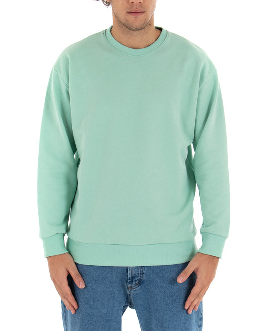 Felpa Girocollo Uomo Basic Tinta Unita Comoda Relaxed Fit Garzata Leggera Verde Acqua F2853