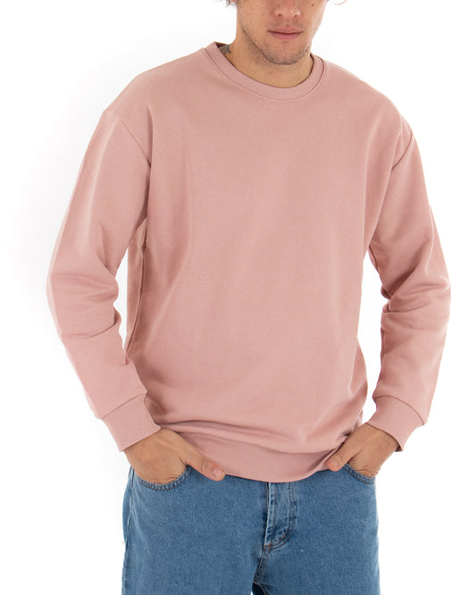 Felpa Girocollo Uomo Basic Tinta Unita Comoda Relaxed Fit Garzata Leggera Rosa F2854