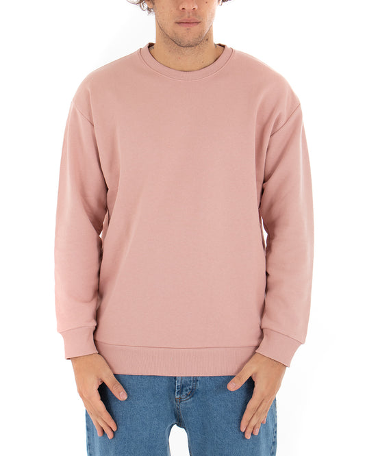 Felpa Girocollo Uomo Basic Tinta Unita Comoda Relaxed Fit Garzata Leggera Rosa F2854