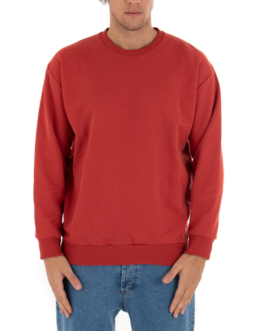 Felpa Girocollo Uomo Basic Tinta Unita Comoda Relaxed Fit Garzata Leggera Mattone F2855