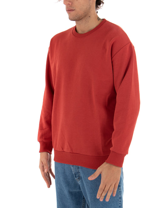 Felpa Girocollo Uomo Basic Tinta Unita Comoda Relaxed Fit Garzata Leggera Mattone F2855