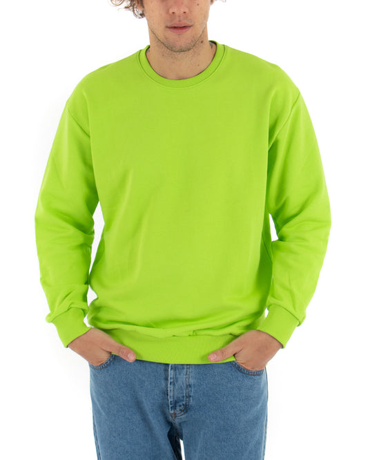 Felpa Girocollo Uomo Basic Tinta Unita Comoda Relaxed Fit Garzata Leggera Verde Acido F2858