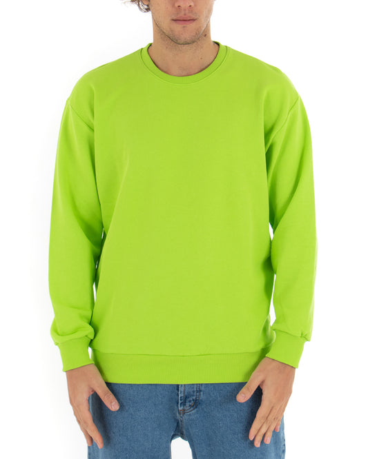 Felpa Girocollo Uomo Basic Tinta Unita Comoda Relaxed Fit Garzata Leggera Verde Acido F2858
