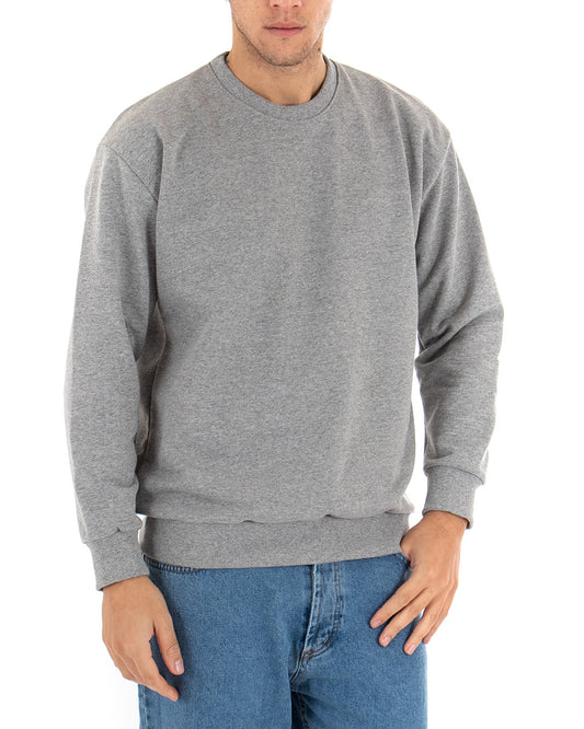 Felpa Girocollo Uomo Basic Tinta Unita Comoda Relaxed Fit Garzata Leggera Grigio F2859