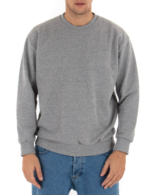 Felpa Girocollo Uomo Basic Tinta Unita Comoda Relaxed Fit Garzata Leggera Grigio F2859