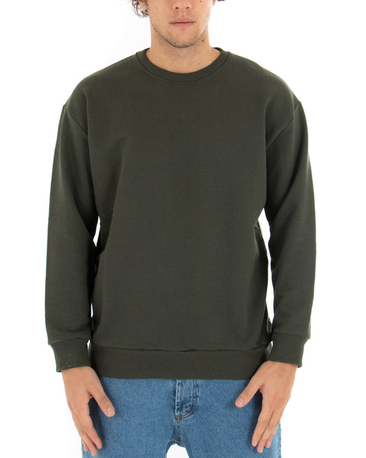 Felpa Girocollo Uomo Basic Tinta Unita Comoda Relaxed Fit Garzata Leggera Verde F2860