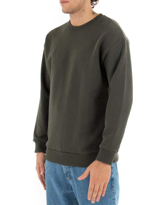 Felpa Girocollo Uomo Basic Tinta Unita Comoda Relaxed Fit Garzata Leggera Verde F2860