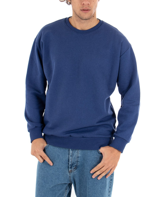 Felpa Girocollo Uomo Basic Tinta Unita Comoda Relaxed Fit Garzata Leggera Royal F2861