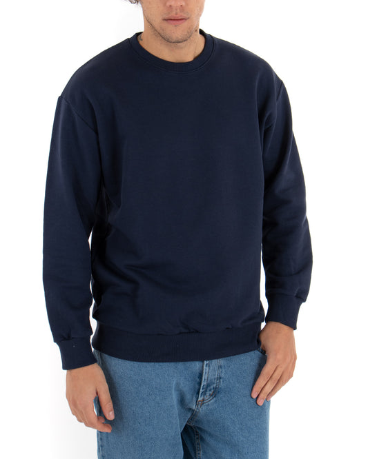 Felpa Girocollo Uomo Basic Tinta Unita Comoda Relaxed Fit Garzata Leggera Blu F2862