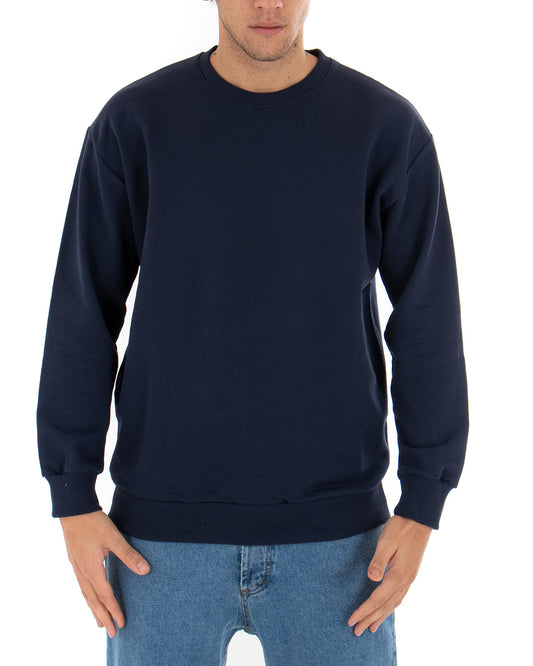 Felpa Girocollo Uomo Basic Tinta Unita Comoda Relaxed Fit Garzata Leggera Blu F2862
