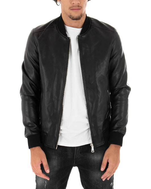 Giubbotto Uomo College Ecopelle Biker Basic Tinta Unita Nero G2859A