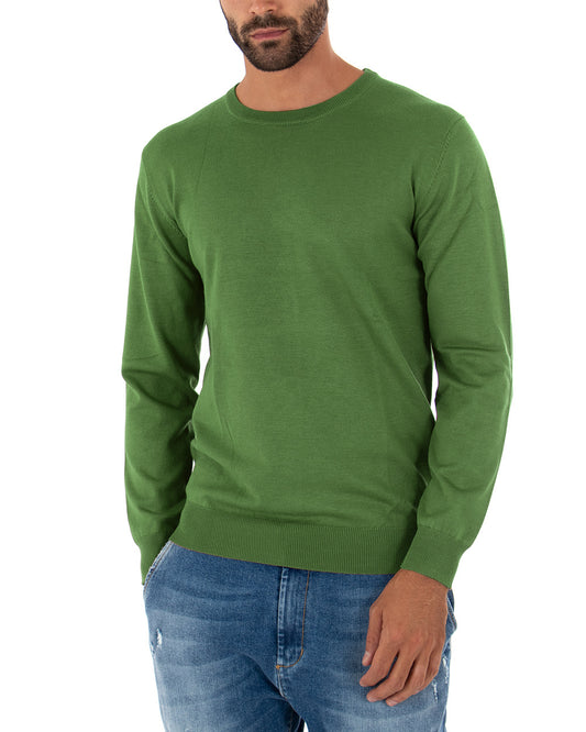 Maglioncino Uomo Maglia Girocollo Rasata Morbida Basic Casual Tinta Unita Verde Oliva M2495A
