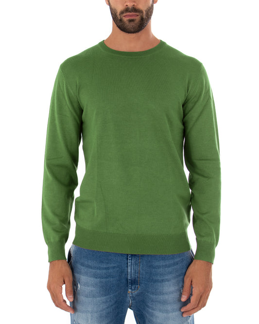 Maglioncino Uomo Maglia Girocollo Rasata Morbida Basic Casual Tinta Unita Verde Oliva M2495A