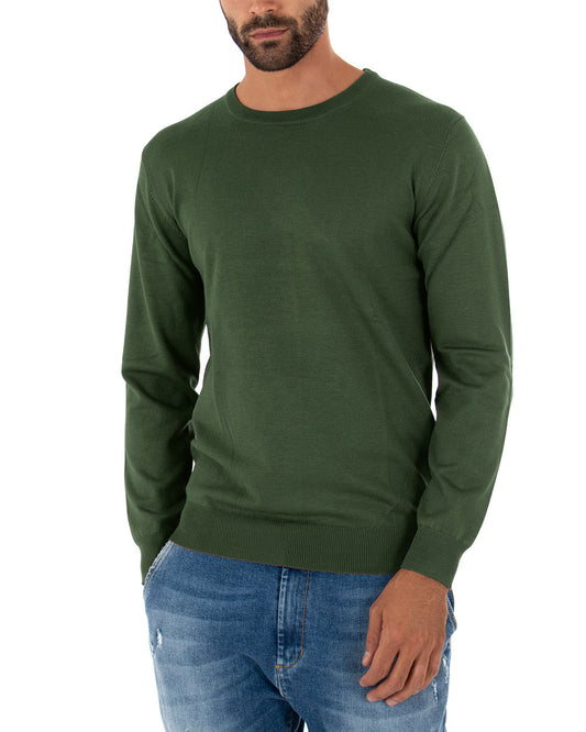 Maglioncino Uomo Maglia Girocollo Rasata Morbida Basic Casual Tinta Unita Verde Militare M2496A