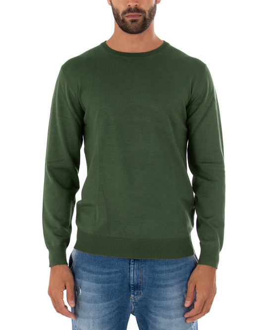 Maglioncino Uomo Maglia Girocollo Rasata Morbida Basic Casual Tinta Unita Verde Militare M2496A