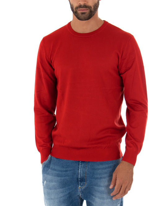 Maglioncino Uomo Maglia Girocollo Rasata Morbida Basic Casual Tinta Unita Rosso M2498A