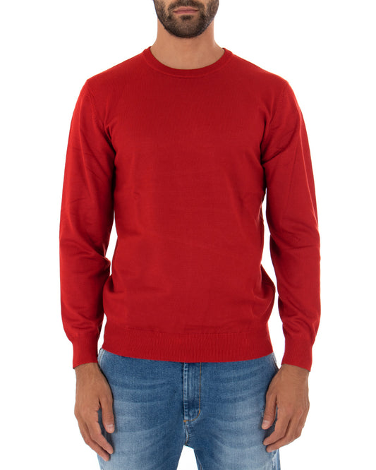 Maglioncino Uomo Maglia Girocollo Rasata Morbida Basic Casual Tinta Unita Rosso M2498A