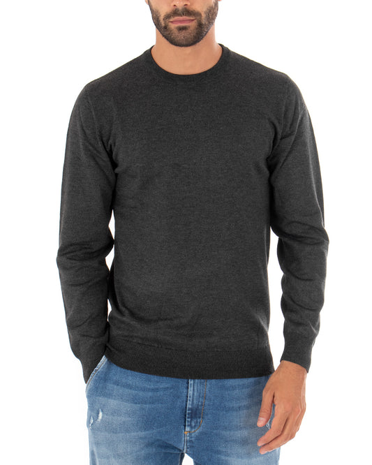 Maglioncino Uomo Maglia Girocollo Rasata Morbida Basic Casual Tinta Unita Grigio Scuro M2500A