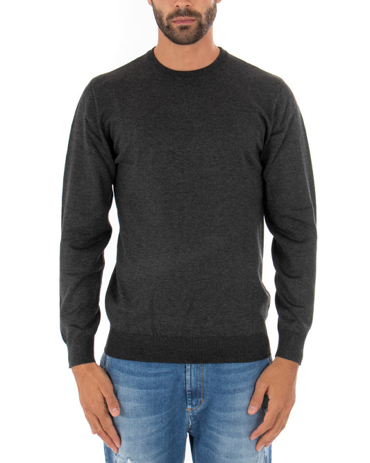 Maglioncino Uomo Maglia Girocollo Rasata Morbida Basic Casual Tinta Unita Grigio Scuro M2500A