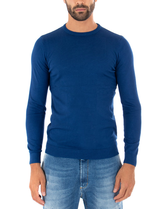 Maglioncino Uomo Maglia Girocollo Rasata Morbida Basic Casual Tinta Unita Blu Royal M2502A